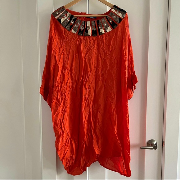 Deep Orange caftan style tunic blouse with intricate heavy collar embellishment - Picture 1 of 13